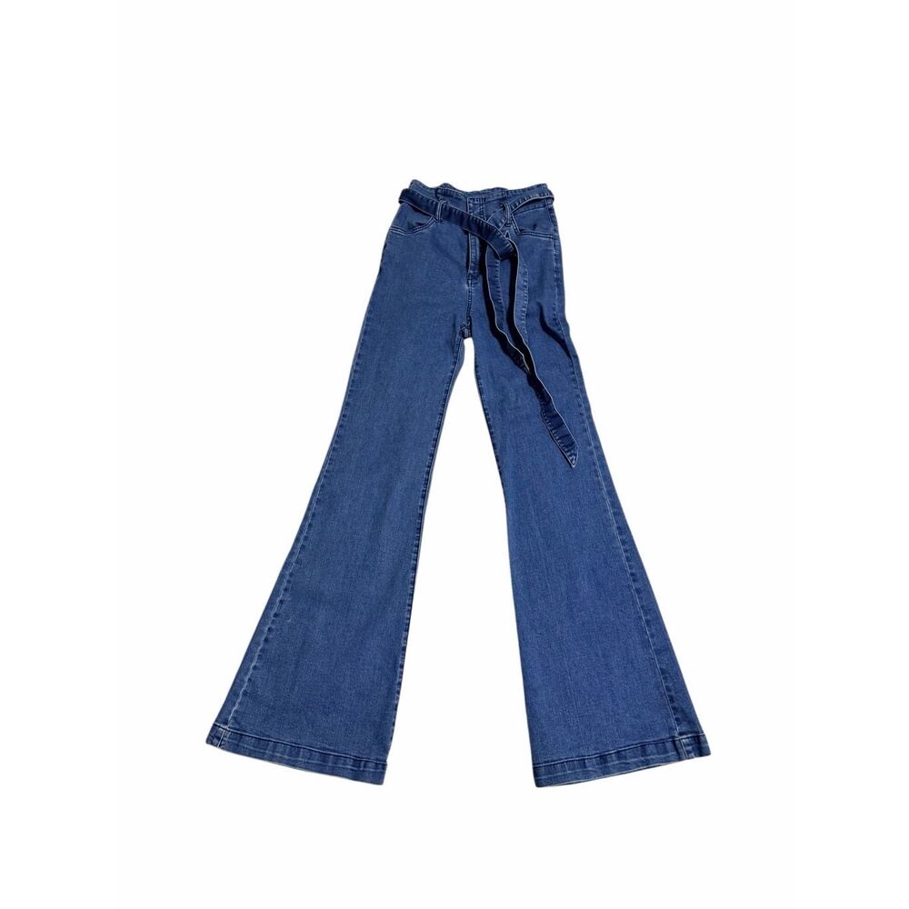 Lulus Women's Size Small Blue Belted High Rise Wide Leg Flare Jeans